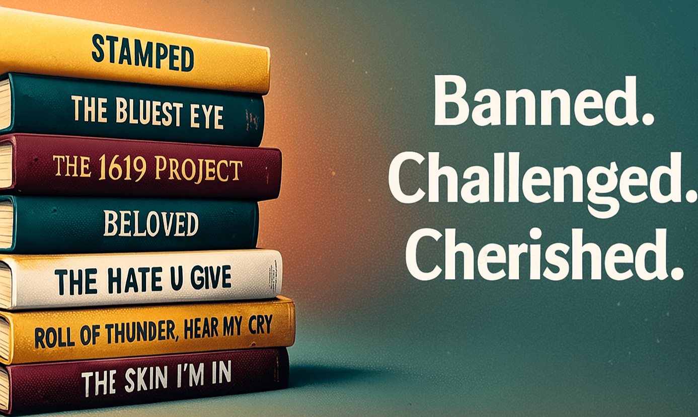 A stack of notable books on a gradient background, alongside the words "Banned. Challenged. Cherished," highlighting the ongoing conversation about censorship in literature.